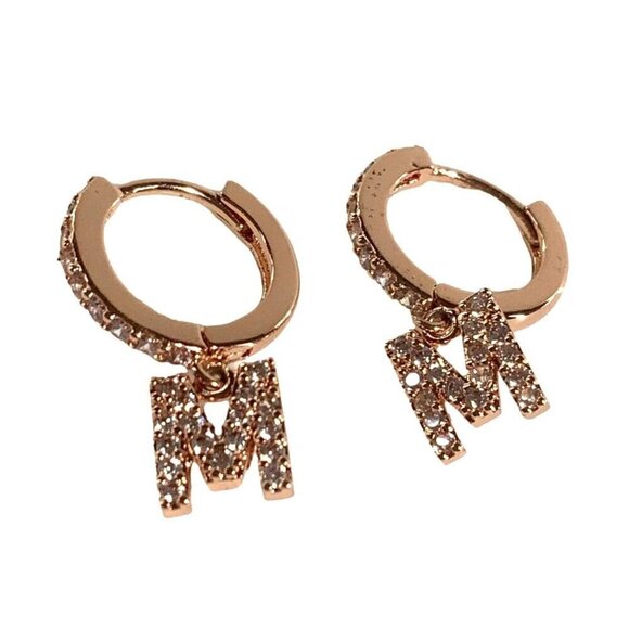 M Initial Huggie Earrings With Crystal Inlay In Rose Gold Tone - Picture 3 of 4
